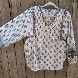Old Navy size L peasant tunic white black balloon sleeve pintuck